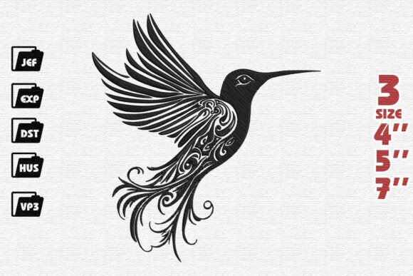 Elegant Black Tribal Hummingbird Embroidery Design