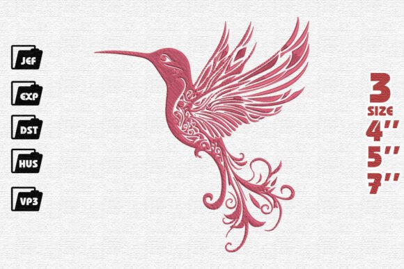 Elegant Pink Filigree Hummingbird Embroidery Design