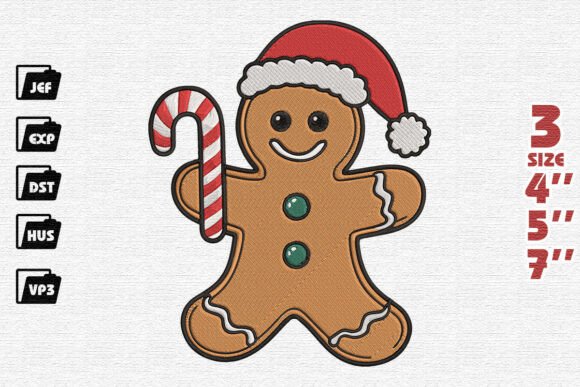 Festive Gingerbread Man with Candy Cane Embroidery Design