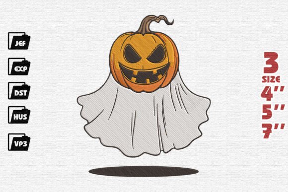 Menacing Jack-o -Lantern Ghost Halloween Embroidery Design
