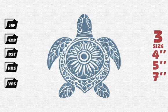 Ornate Sunflower Sea Turtle Embroidery Design in Blue