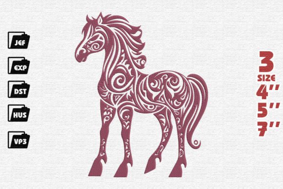 Ornate Tribal Horse Embroidery Design in Mauve