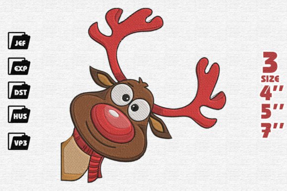 Smiling Peeking Reindeer Christmas Embroidery Design