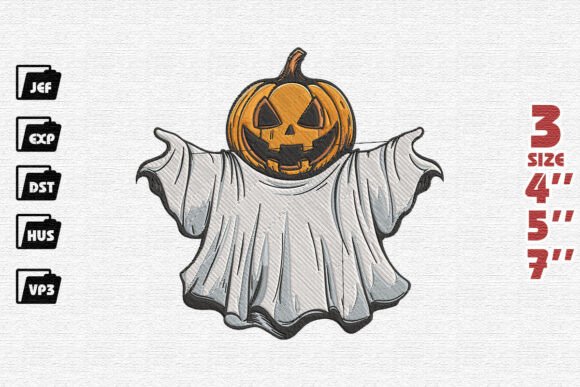 Spooky Halloween Ghost with Pumpkin Head Embroidery Design