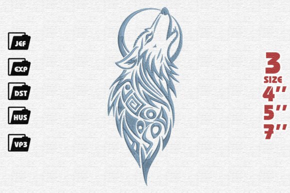 Tribal Howling Wolf and Moon Embroidery Design